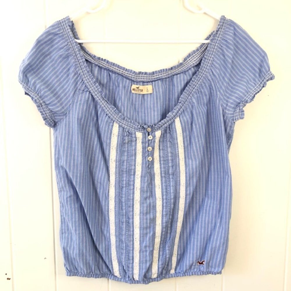Hollister Blue & White Blouse with Lace Detail and Elastic Neckline Large - Picture 1 of 9